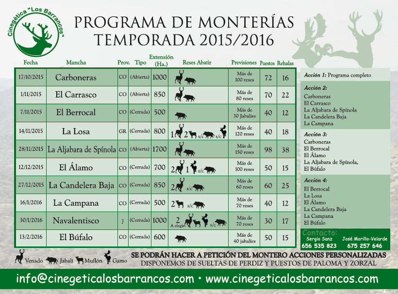 Calendario de montería de Cinegética Los Barrancos para la temporada de caza 2015/2016.