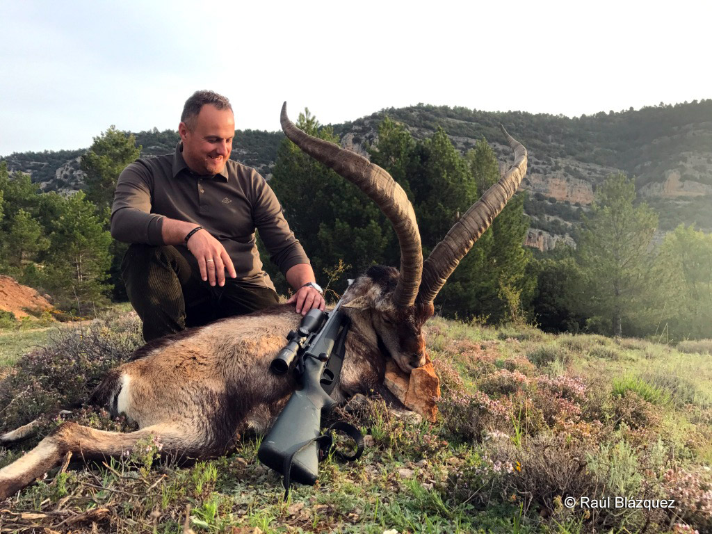 Un cazador posa con el macho montés cobrado tras un rececho en Teruel.