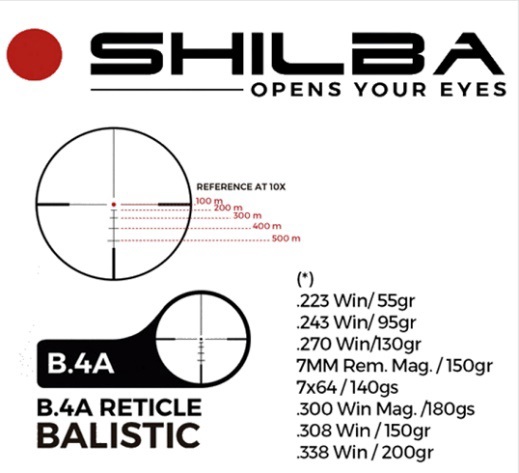 Retícula B4A Shilba i6x probada en 8 calibres a 10 aumentos.