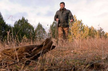 Un cazador cobra un zorzal común abatido